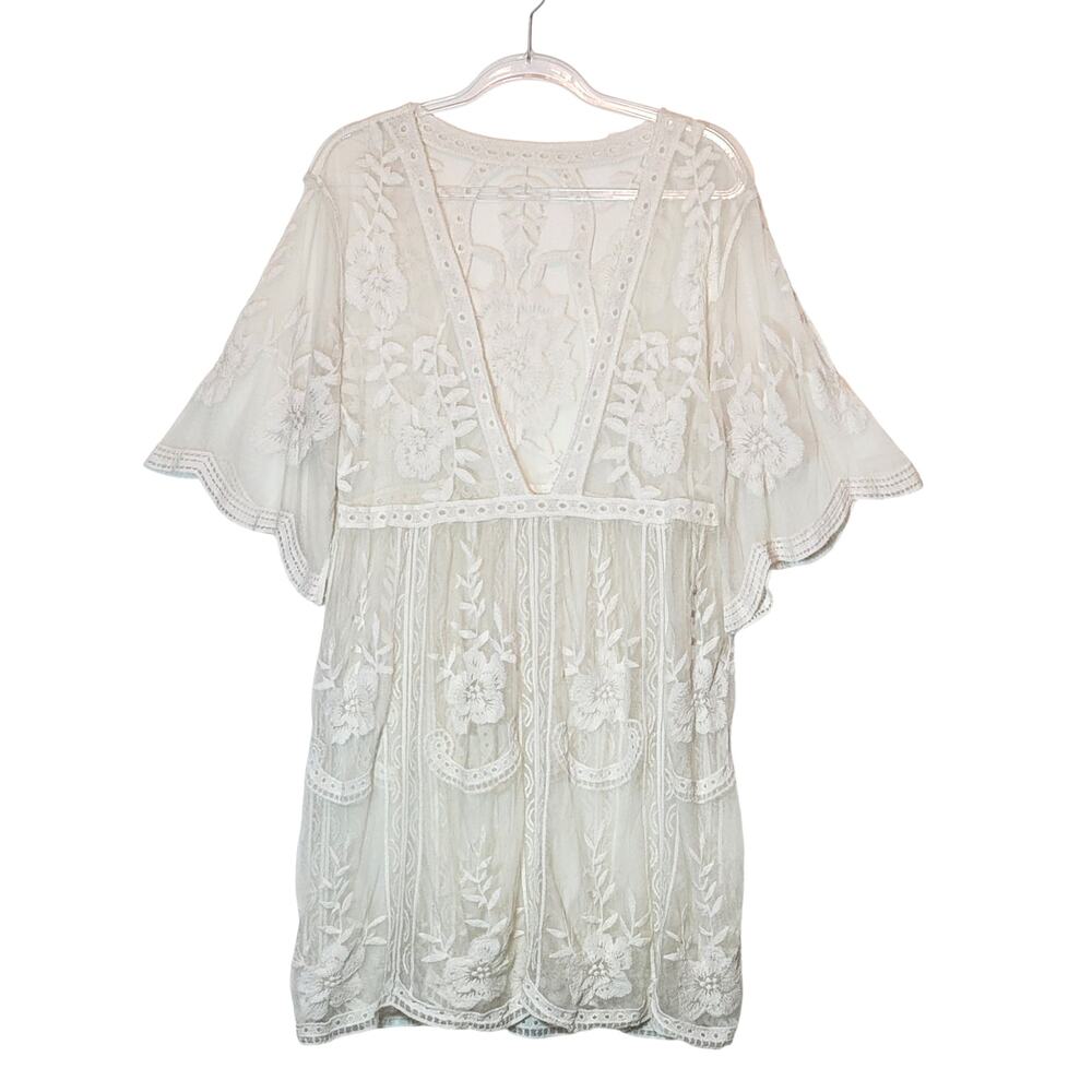 White Lace Embroidered Sheer Swim Cover Up Mini Dress Short Sleeve Boho M/L